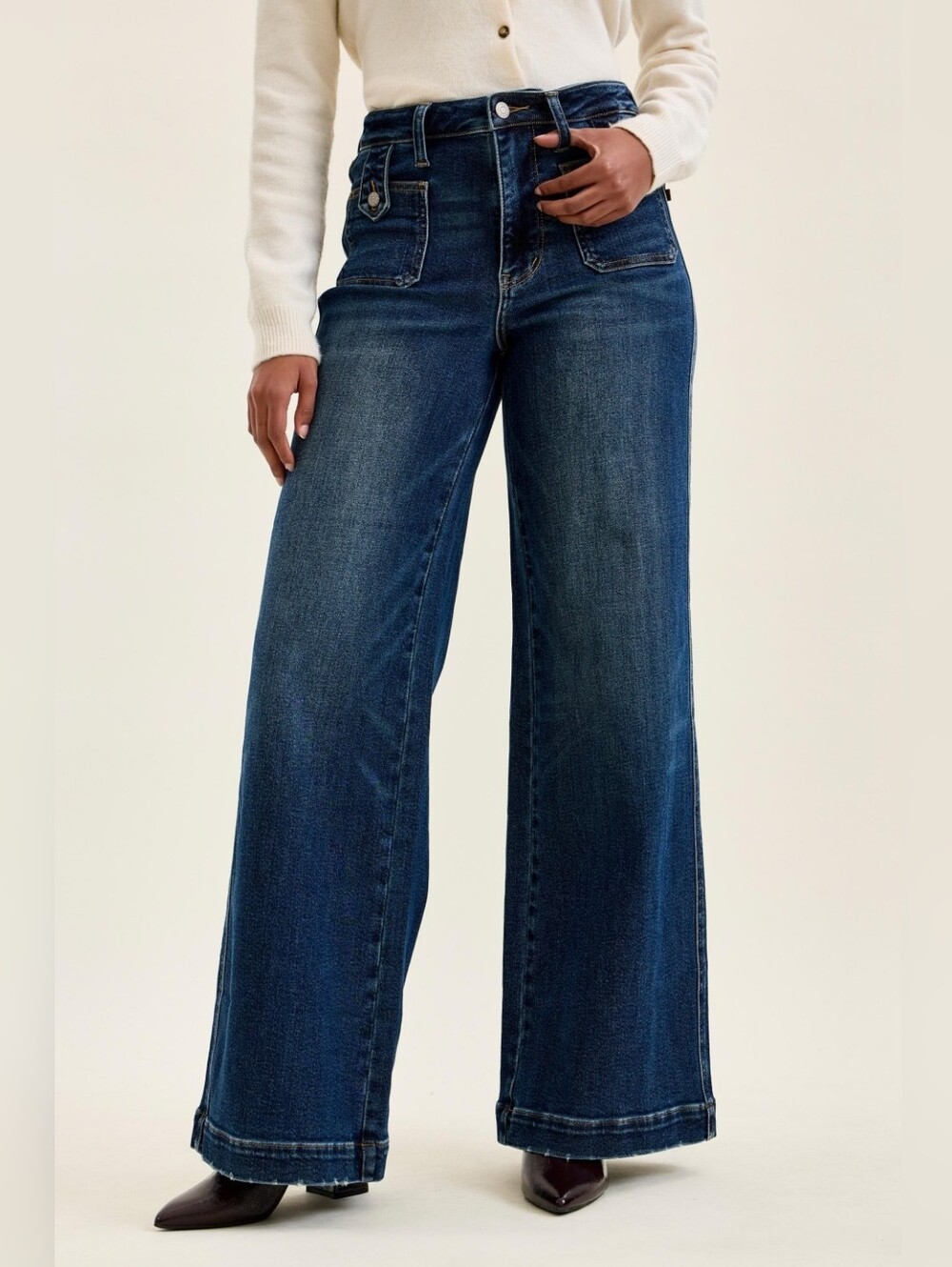 Judy Blue HR LUX Dark Fade Wash Retro Wide Leg Jeans Patch Pockets Various NEW - Picture 2 of 9